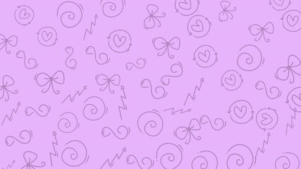 Dynamic purple pattern animation with whimsical bows, hearts, and swirls, creating a vibrant background for engaging motion design and visual content
