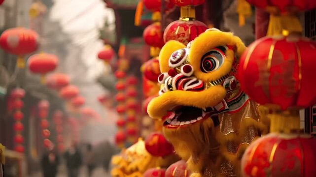 Chinese lunar new year Chunjie celebration concept. A vibrant red and gold Chinese New Year celebration scene with a lion dance figure prominently displayed in the foreground.