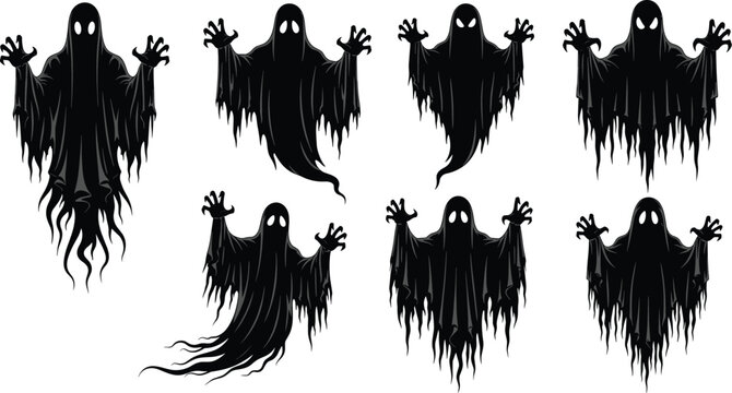 Creepy black ghost silhouette with outstretched arms and long tattered robe design