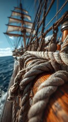 Obraz premium View from a Historic Sailing Ship with Thick Ropes and Open Ocean Adventure Awaits Maritime Voyage Under Sunny Skies and Boundless Horizon Classic Vessel