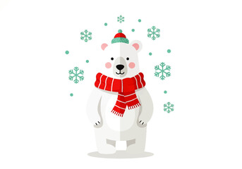 Cartoon illustration of a smiling polar bear wearing a red scarf and hat, surrounded by blue snowflakes on a white background.