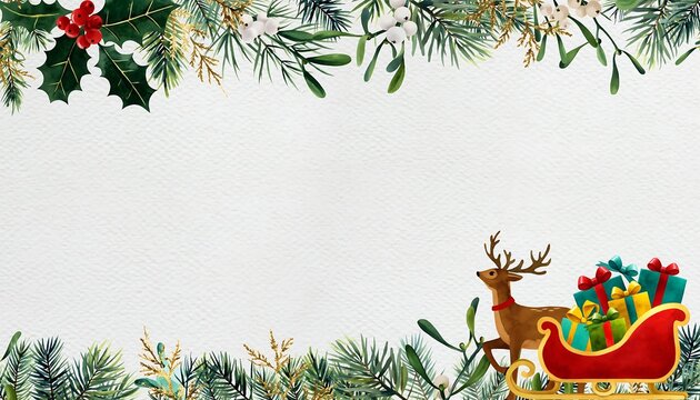 Festive Christmas holiday background with a decorative frame of winter greenery, holly, and a reindeer with a sleigh full of gifts