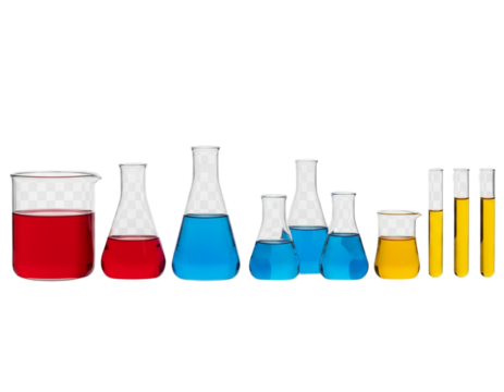 Set of Laboratory Glassware with Colorful Liquids, Isolated on Transparent Background - Powered by Adobe