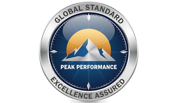 Oval emblem with mountain peak and sun symbolizing peak performance and global standard excellence assured