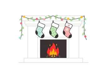 Illustration of a white fireplace with a burning fire, decorated with three Christmas stockings and a colorful garland.