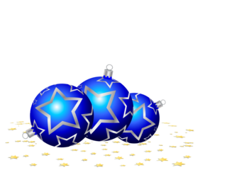 Three shiny blue christmas ornaments decorated with white stars scattered on a reflective surface with golden confetti isolated on transparent background