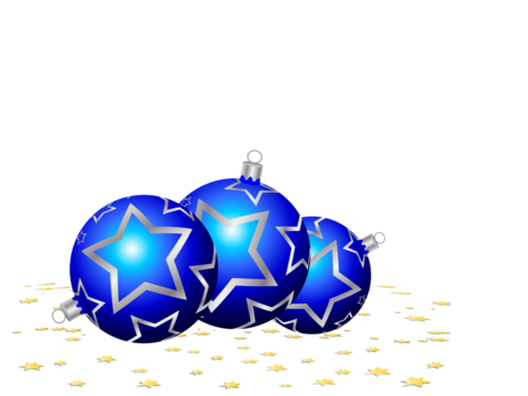 Three shiny blue christmas ornaments decorated with white stars scattered on a reflective surface with golden confetti isolated on transparent background