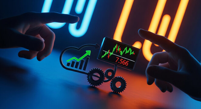 Glowing miniature financial dashboard with gears and charts, illuminated by contrasting blue and orange neon lights with pointing fingers, Ideal for investment technology - Powered by Adobe