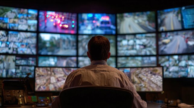 A man sits in front of a wall of monitors displaying various scenes from different locations, possibly in a control or security center. He appears to be observing the screens.