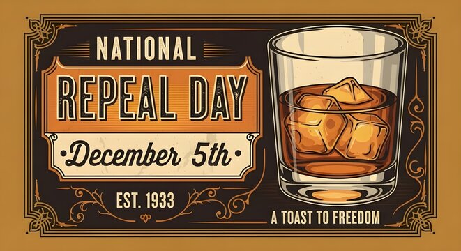Retro National Repeal Day December 5th Art Deco Card: Whiskey Glass, Ice, and Decorative Borders. Est. 1933, A Toast to Freedom.