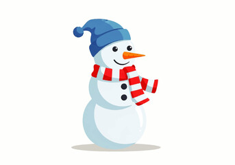 Cartoon illustration of a cheerful snowman wearing a blue hat and a red and white striped scarf, standing on a white background.