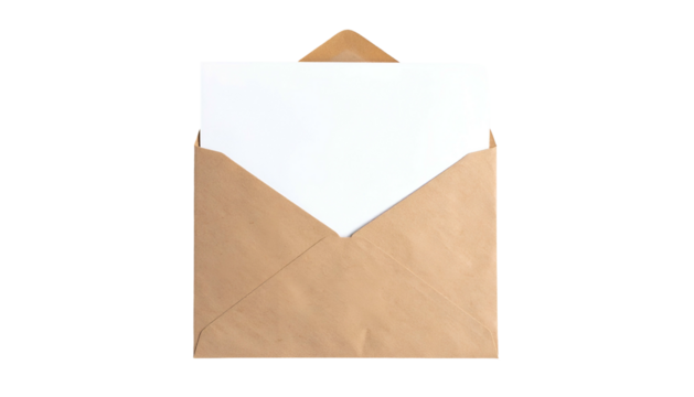 An open brown paper envelope with a white piece of paper partially inside