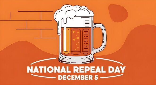 National Repeal Day December 5 Flat Design Vector: Foaming Beer Mug Illustration on an Orange Brick Wall Background for Pub Promotions.