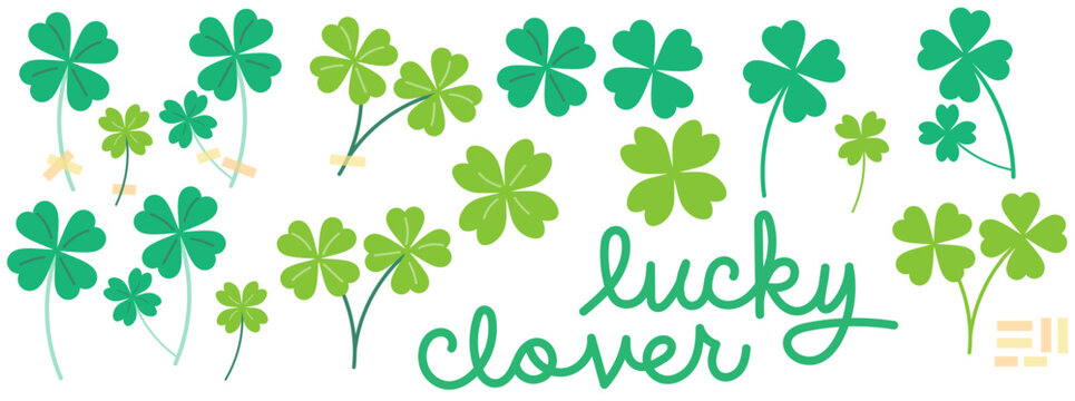 set of vector green four leaf clovers and silhouettes with transparent tape and cursive text of the words lucky clover