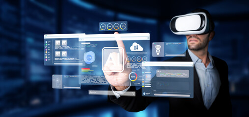 A businessman immersed in a virtual reality environment, skillfully interacting with advanced...