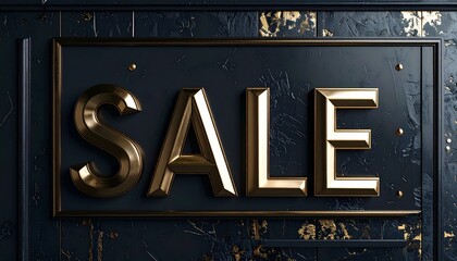 Large bold metallic letters spelling 'SALE' on a glossy black textured background, dramatic shadows enhancing contrast