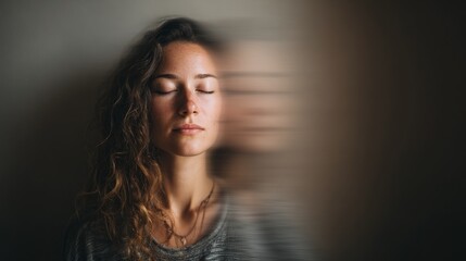 Naklejka premium A woman is meditating. She is closing her eyes and is in a relaxed state. She looks very peaceful. The background is blurred, and she seems to be in a dark room.