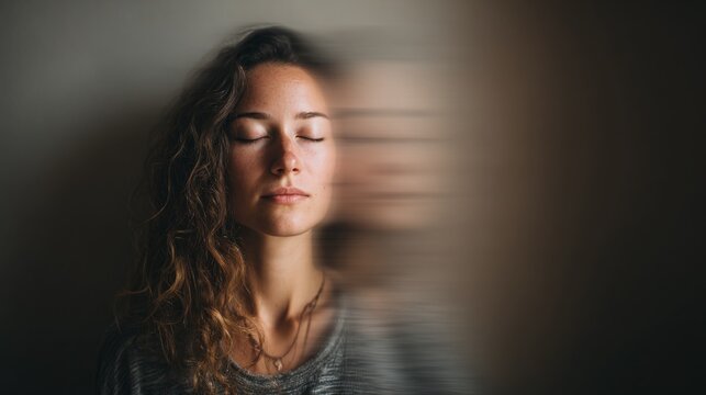 A woman is meditating. She is closing her eyes and is in a relaxed state. She looks very peaceful. The background is blurred, and she seems to be in a dark room.