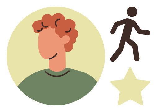 Minimalistic portrait of a person with curly red hair, black walking figure, and yellow star. Ideal for user profile, self-expression, individuality, success, achievement, rating self-discovery
