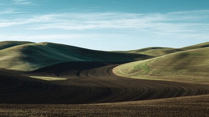 Obraz premium Rolling hills of cultivated land stretch to the horizon under a serene sky. Earthy tones and soft light create a tranquil, rural scene. The landscape exudes peace.