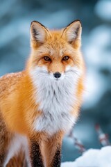 Obraz premium Red fox with bright orange fur stands gracefully in a snowy forest, showcasing its striking features against the serene winter landscape, perfect for wildlife enthusiasts