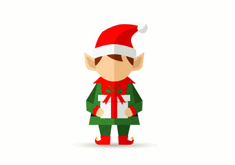 Flat vector illustration of a Christmas elf holding a wrapped gift box, wearing a red and white hat and a green outfit.