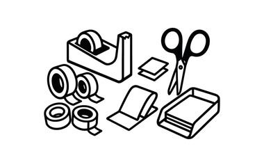 flat vector handdrawn black and white bold clean outlines white background stationery desk washi tape bar dispenser scissors card blanks tray no logos