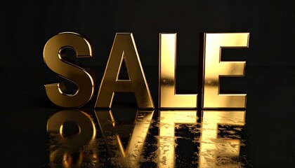 Large bold metallic letters spelling 'SALE' on a glossy black textured background, dramatic shadows enhancing contrast