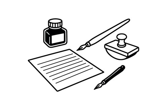 flat vector handdrawn black and white bold clean outlines white background stationery desk calligraphy set dip pen ink bottle blotter practice sheet blank no logos