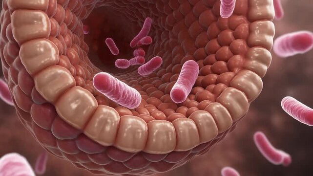 Microscopic view of probiotic bacteria colonizing intestinal lining