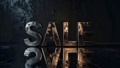 Large bold metallic letters spelling 'SALE' on a glossy black textured background, dramatic shadows enhancing contrast