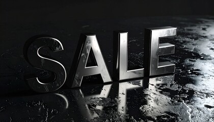 Large bold metallic letters spelling 'SALE' on a glossy black textured background, dramatic shadows enhancing contrast