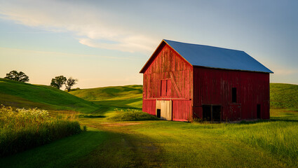 Obraz premium Historic Red Barn in Green Rolling Hills at Golden Hour