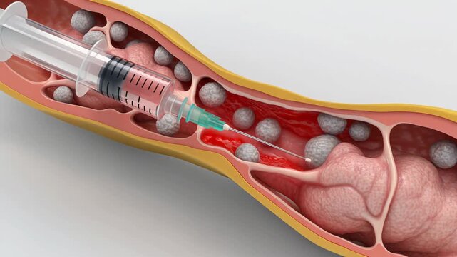 Animated cross-section of blood vessel with platelets and syringe injection