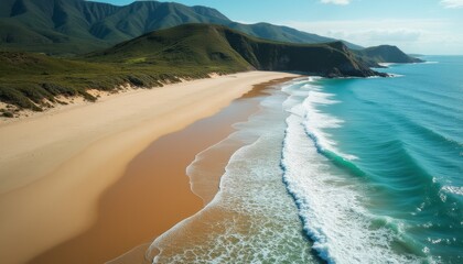 Breathtaking aerial view of a serene beach with rolling waves