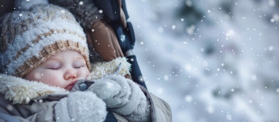 Sleeping baby in winter clothes with knitted hat and mittens in snowy outdoor environment, winter season concept.