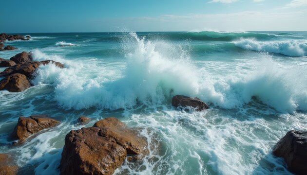 Dynamic ocean waves crashing against rugged rocks
