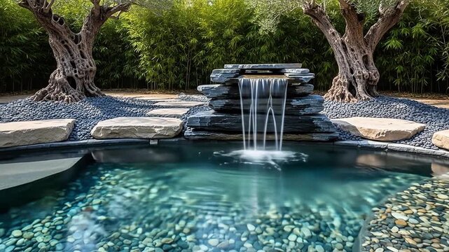 Zen Garden Waterfall Feature Stacked Slate Stone Pool Ancient Olive Trees Bamboo Backdrop Serene Luxury Landscape Design