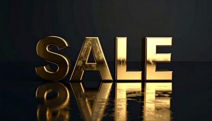 Large bold metallic letters spelling 'SALE' on a glossy black textured background, dramatic shadows enhancing contrast