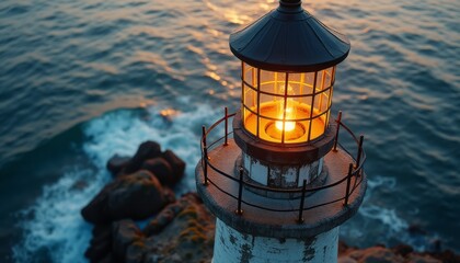 Illuminated lighthouse guiding ships at dusk