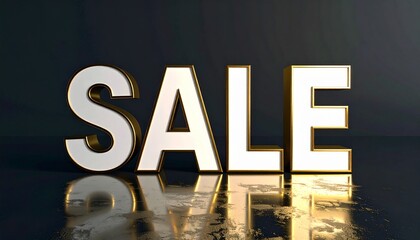 Large bold metallic letters spelling 'SALE' on a glossy black textured background, dramatic shadows enhancing contrast