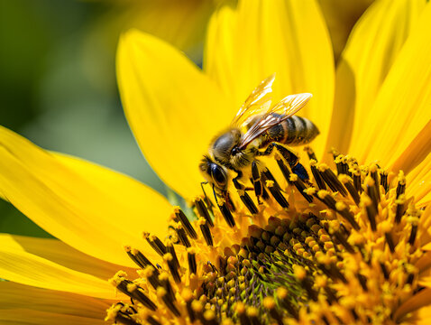 Close-up of a honey bee collecting pollen from a vibrant yellow sunflower in bright sunlight.