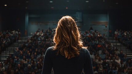 A captivating speaker addresses a large audience, seen from behind, with warm lighting highlighting their hair, creating an atmosphere of anticipation and engagement.