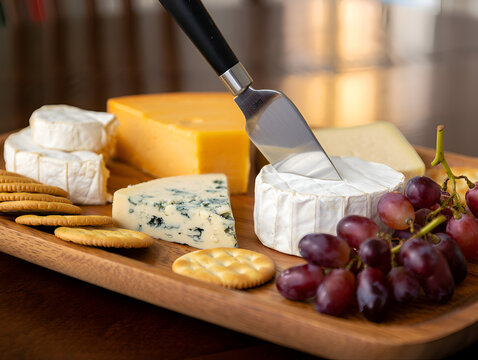 Assorted cheese board with brie, blue cheese, cheddar, crackers, grapes, and a knife on a wooden platter, perfect for entertaining or a gourmet snack.