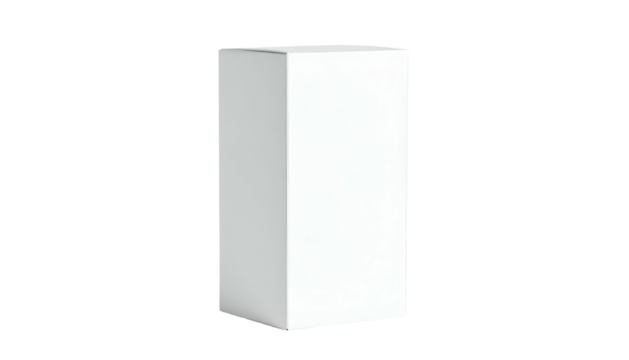 A minimalist, white, upright rectangular prism floating against a stark black background