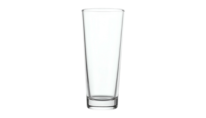 A tall, empty, clear glass with a cylindrical body on a dark background