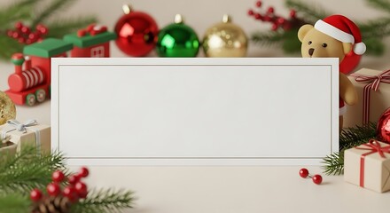 A festive Christmas scene features a blank sign surrounded by holiday decorations and gifts, ideal for custom messages.
