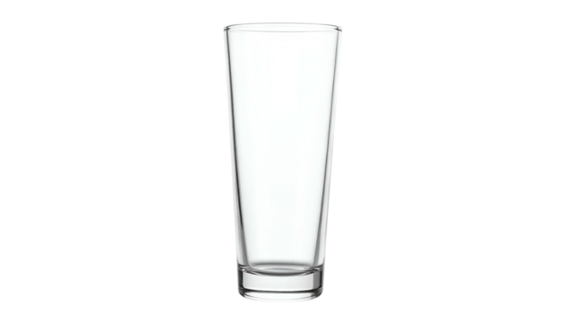 A tall, empty, clear glass with a cylindrical body on a dark background