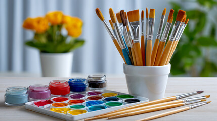 A vibrant array of art supplies is on a table, A palette with various watercolors and a set of paintbrushes in a holder