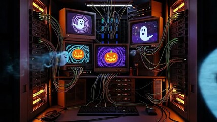 Retro Computer Server Room Rack Halloween Ghosts Jack O Lanterns Digital Haunting Spooky Network Connection Vintage Technology Setup - Powered by Adobe